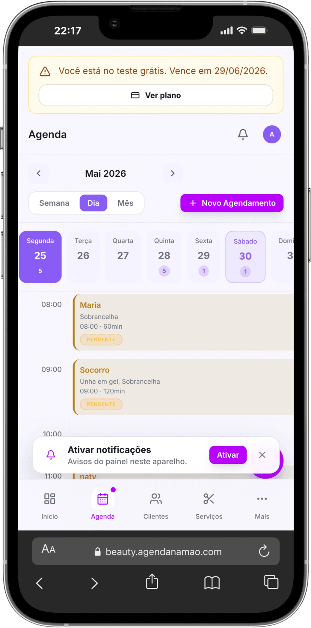 Agenda mobile com atendimentos e agenda do dia