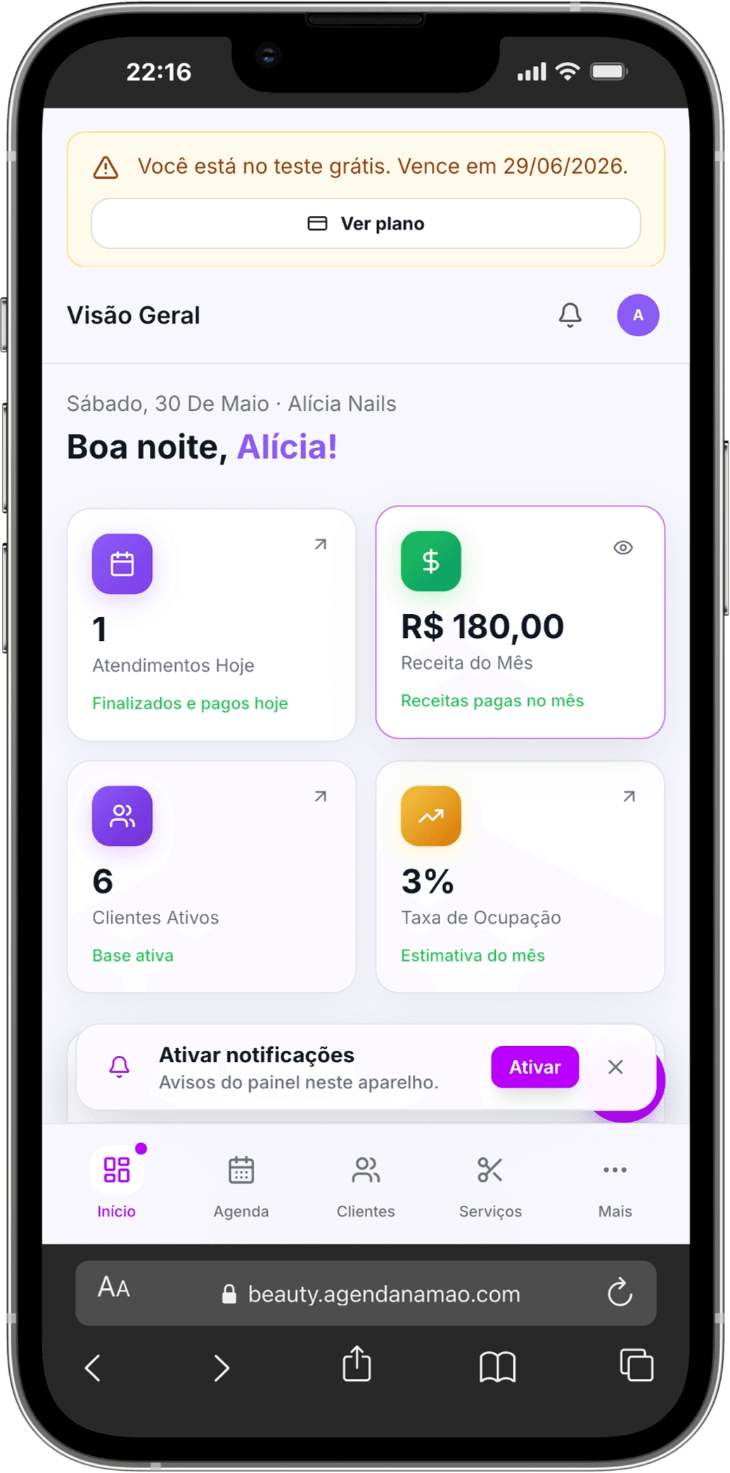 Painel mobile com visão geral, receita do mês e notificações